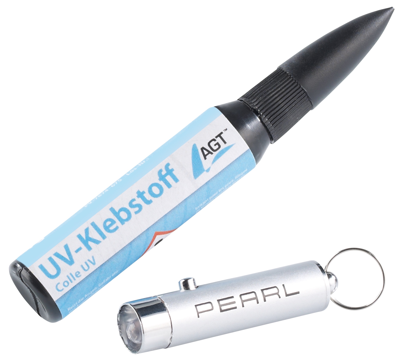 Pearl.de bietet unter der Art.-Nr. PV-7874 ein preiswertes Set aus UV-Kleber und UV-LED-Strahler