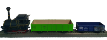 Emma mit einem Märklin-Minex-Waggon und dem neuen Waggon "Frau Mahlzahn" aus einem Jim-Knopf-Waggonset