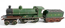 Märklin-Blechspielzeug-Dampflok Modell einer englischen 1427 GNR 4-4-0 Lokomotive mit Uhrwerk-Antrieb für die Spur 0, Anfang 20. Jahrhundert