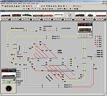Modellbahn-Gleisbild und Fahrgerät in der Darstellung von Win-Digipet