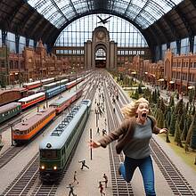 Wenn es der Partner mit der Hingabe zur Modelleisenbahn übertreibt, kann es einer Frau durchaus danach zumute sein, schreiend wegzurennen (Bilderzeugung Bing Image Creator)