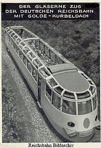 Der Reichsbahn-Aussichtstriebwagen "Gläserner Zug" mit geöffnetem Golde-Kurbeldach im Bildarchiv der ehemaligen Reichsbahn (DRG)