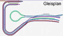 Der Gleisplan eines mehrgleisigen Durchgangsbahnhofs mit zweispuriger Kehrschleife in der Darstellung des Windows-Gleisplanungsprogramms „Trackplanner“